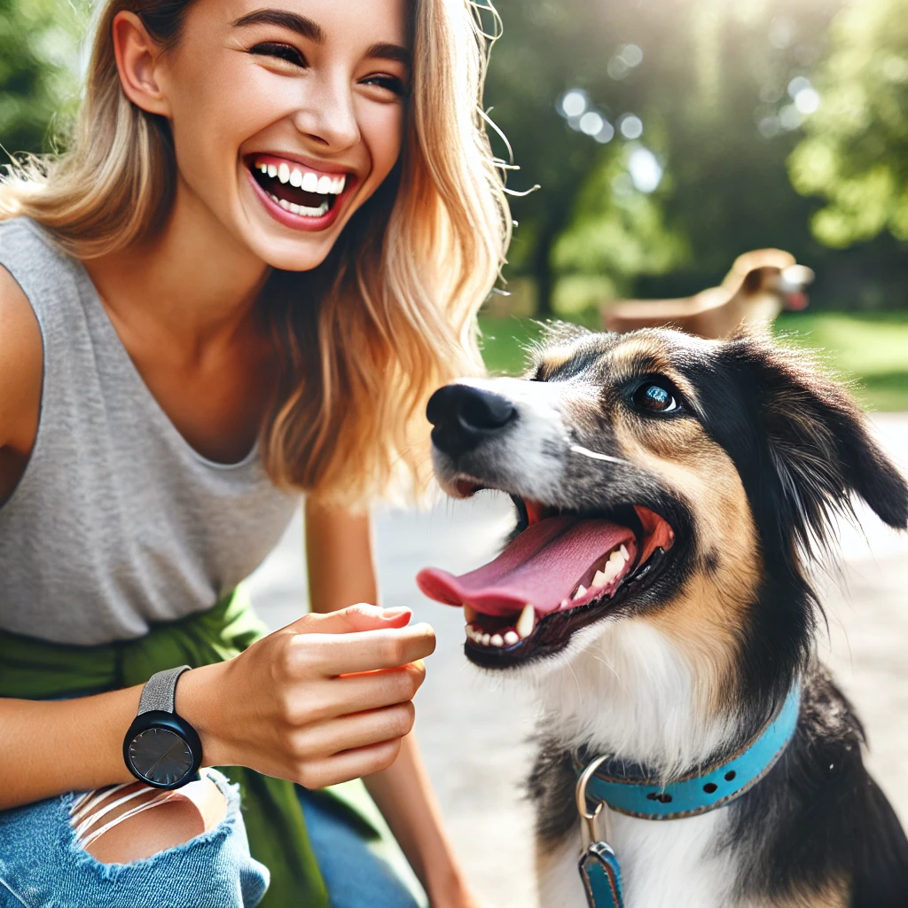 Image of a dog and their guardian happily interacting during a training session