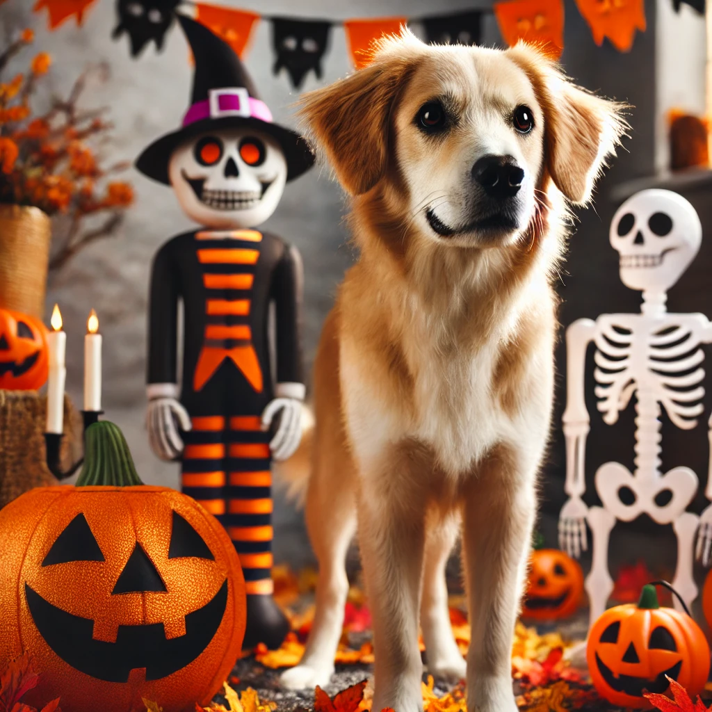 A calm, confident dog amidst Halloween decorations