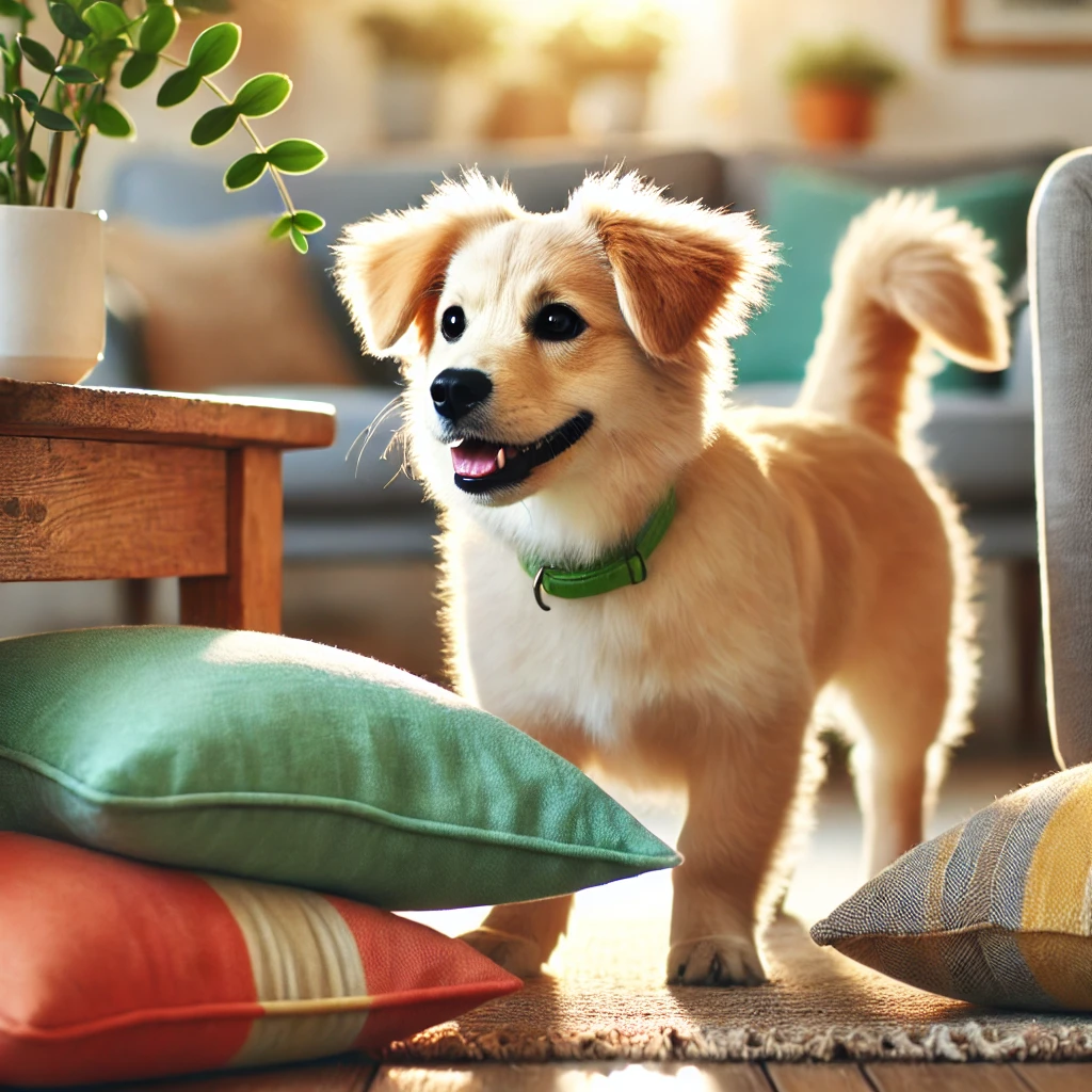 A happy dog in a cosy living room actively sniffing around for hidden treats under cushions and pillows