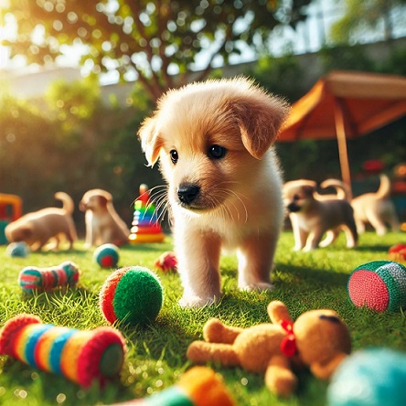 A litter of puppies playing with toys in a grassed yard