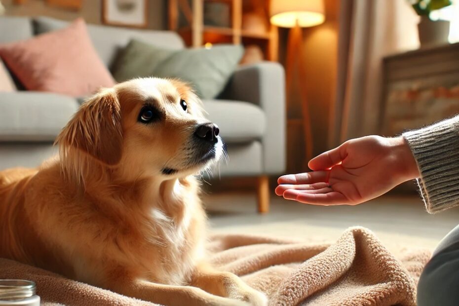 a dog resting on a soft blanket in a cosy living room