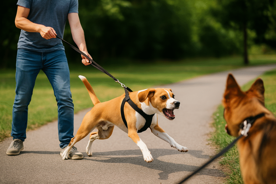 A brown dog on a leash lunging at another dog