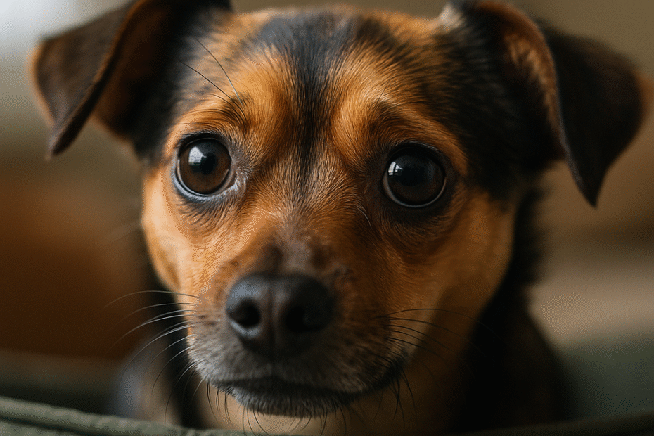 A little black and tan dog sitting in its bed looking scared
