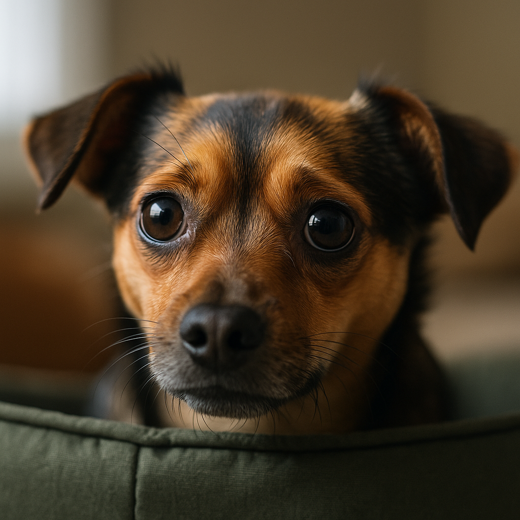 A little black and tan dog sitting in its bed looking scared