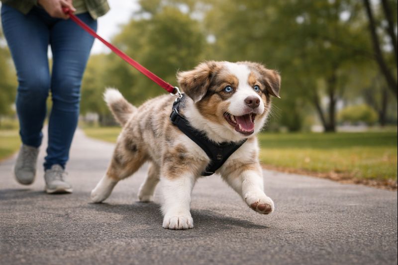 Dog pulling on the lead during a walk, showing that lead pulling is communication rather than bad behaviour